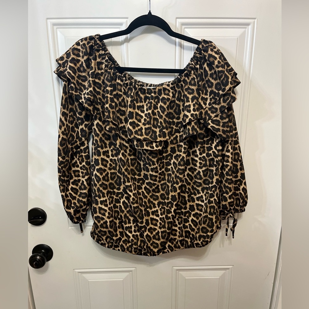 Michael Kors Leopard Print Ruffle Peasant Blouse Large